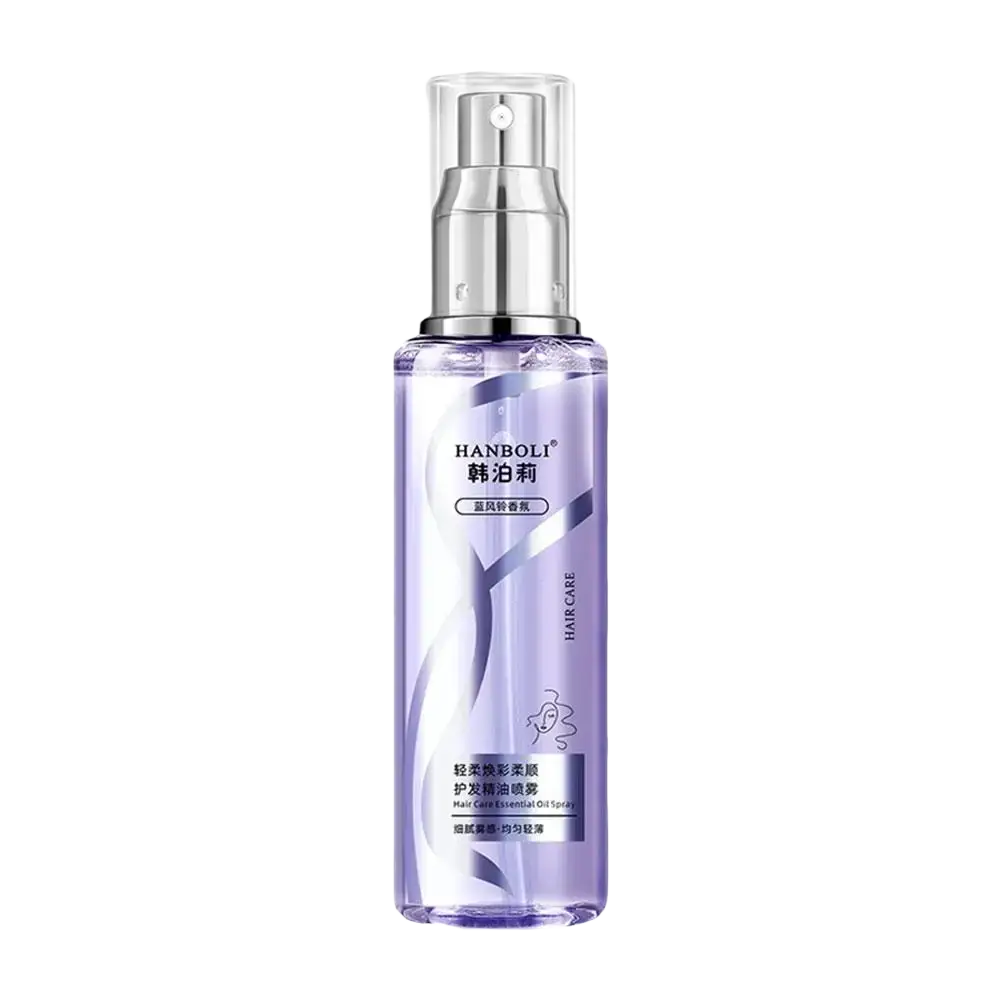 A sleek transparent purple hanboli essential oil spray bottle with silver nozzle for hair care to apply proper moisture