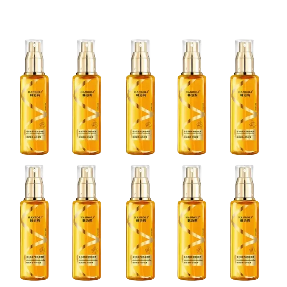 Ten golden-hued transparent hanboli hair serum bottles with gold-tone spray nozzles for essential oil hair care apply proper use