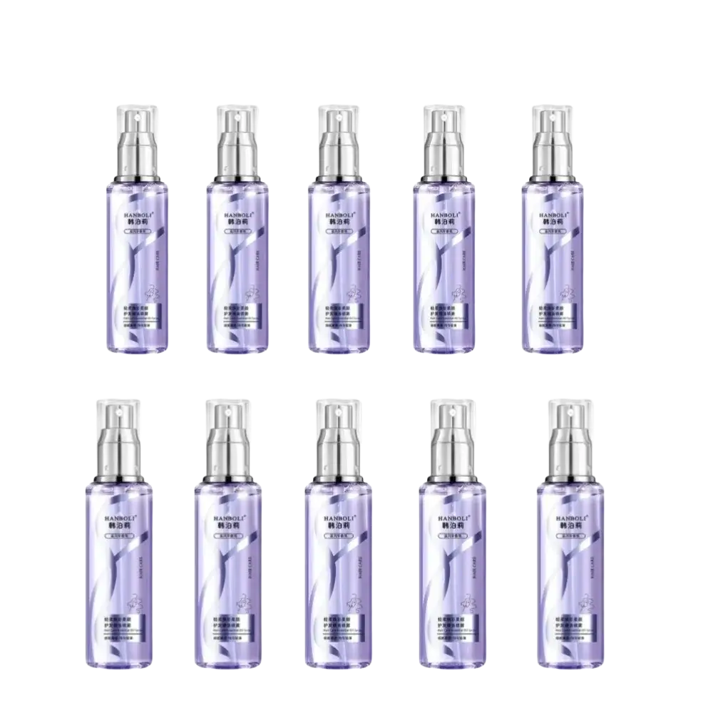 Ten transparent purple spray bottles with silver caps labeled for hair care essential oil to apply proper treatment