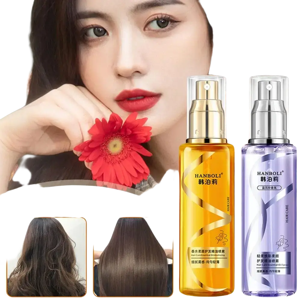 Two hanboli essential oil hair care sprays for dry frizzy hair in golden amber and purple glass bottles with pumps