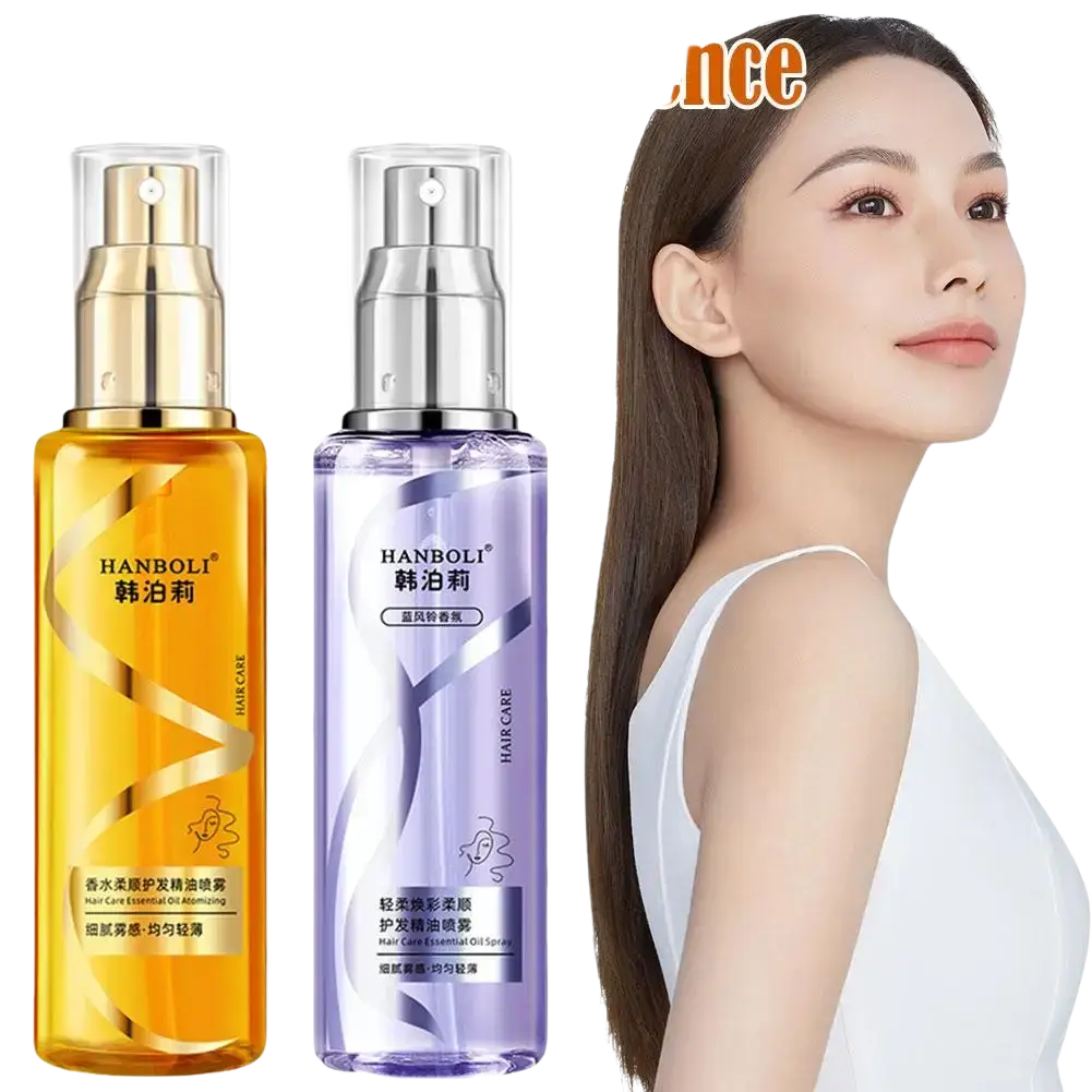 Two hanboli essential oil hair care sprays in golden amber and lavender purple with metallic pumps for dry frizzy hair