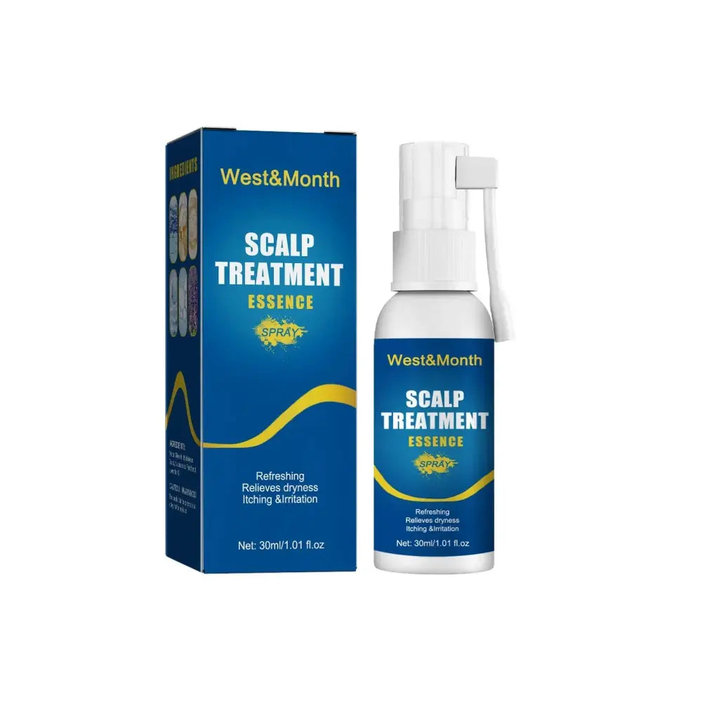 West and month hair follicle root repair essence spray in a white bottle with blue and yellow labeling beside a blue box