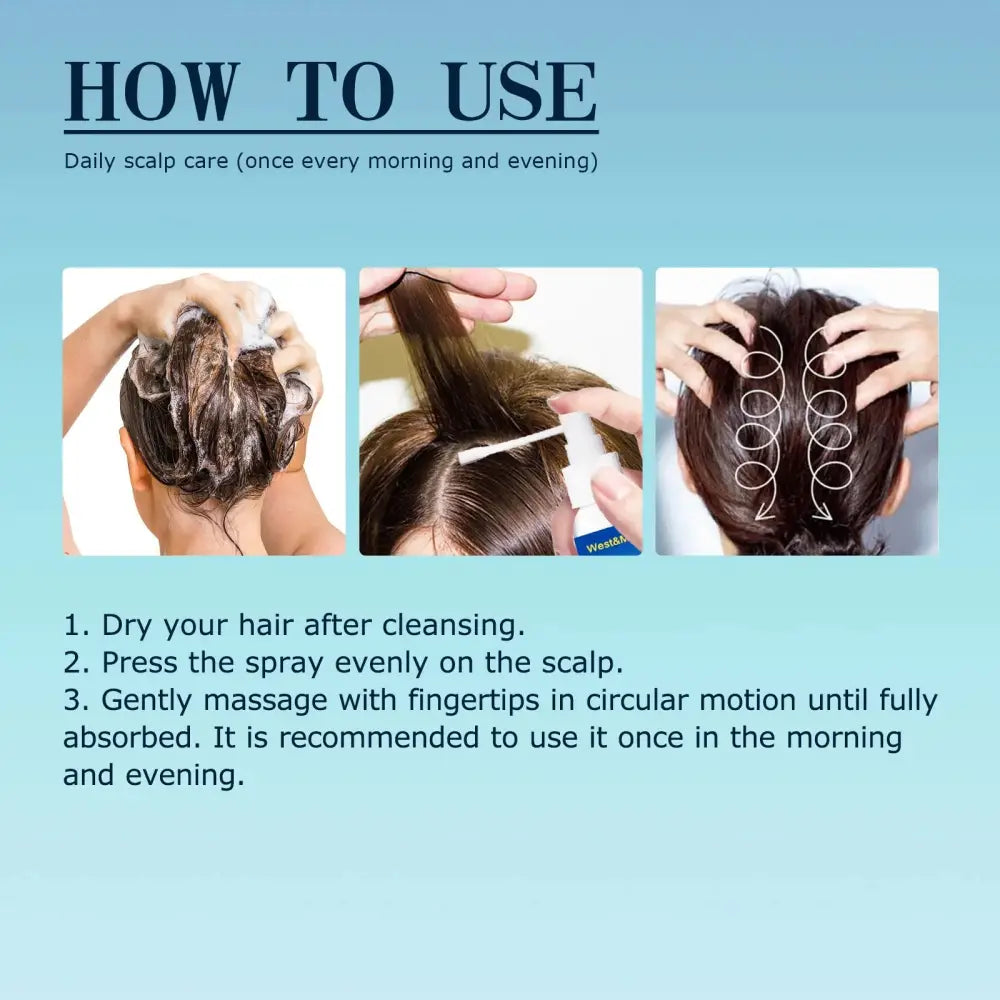 White spray bottle with blue label for west and month hair follicle root repair essence spray for daily scalp care