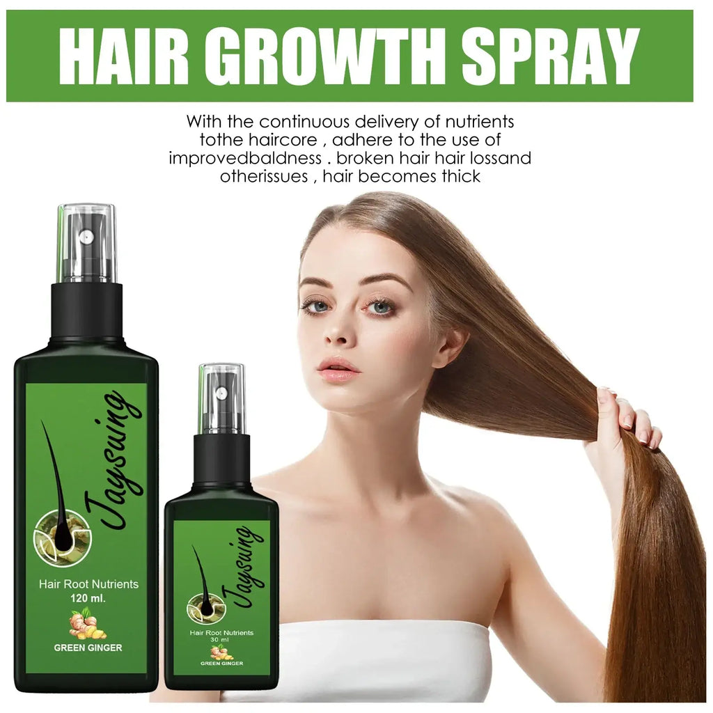 Green glass bottle of Jaysuing hair care ginger growth spray with black nozzle and hair strand label for scalp treatment