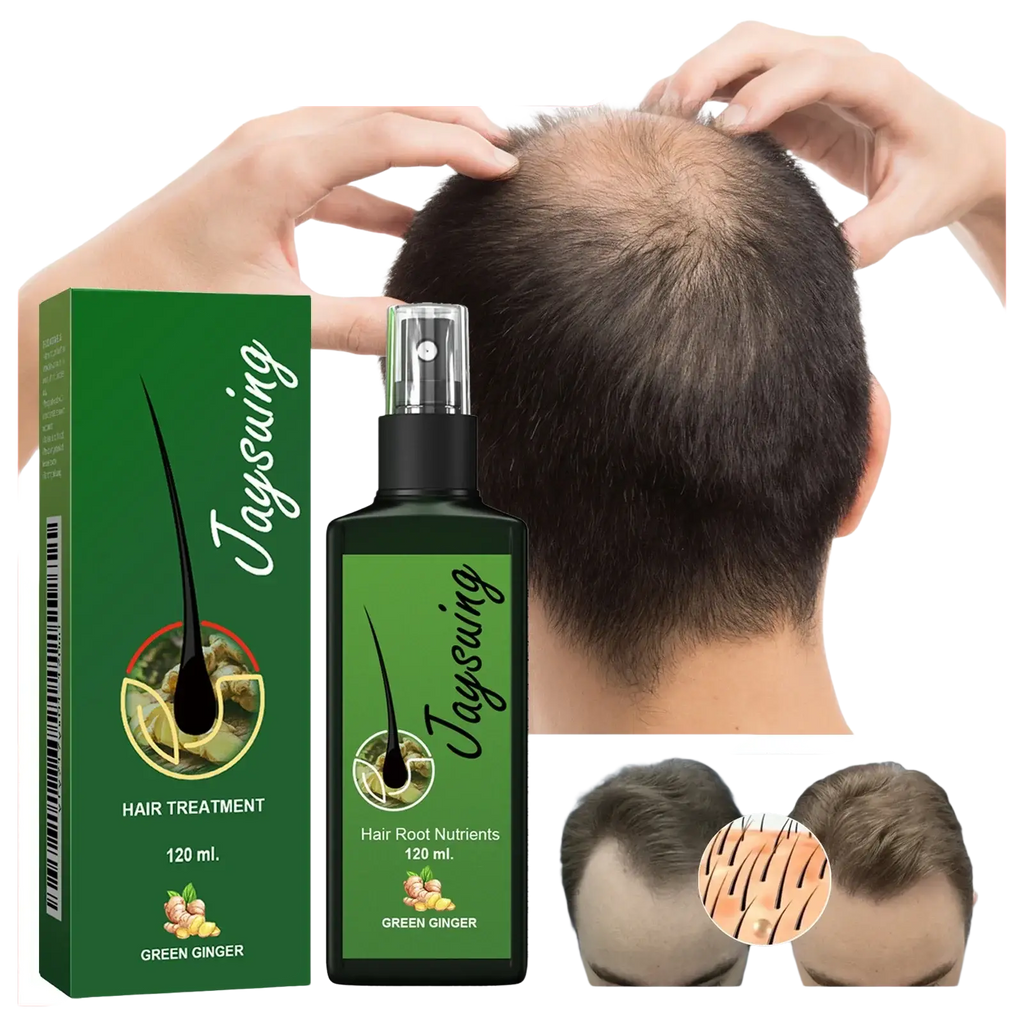 Green glass hair care spray bottle featuring jaysuing branding, ginger illustration, and 120 ml volume for scalp treatment