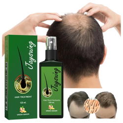 Green glass hair care spray bottle featuring jaysuing branding, ginger illustration, and 120 ml volume for scalp treatment