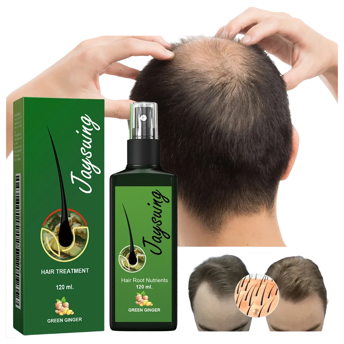 Green glass hair care spray bottle featuring jaysuing branding, ginger illustration, and 120 ml volume for scalp treatment
