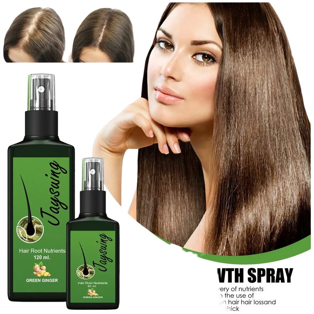 Green ginger hair care growth spray nourishing scalp treatment in sleek black bottles with transparent nozzles