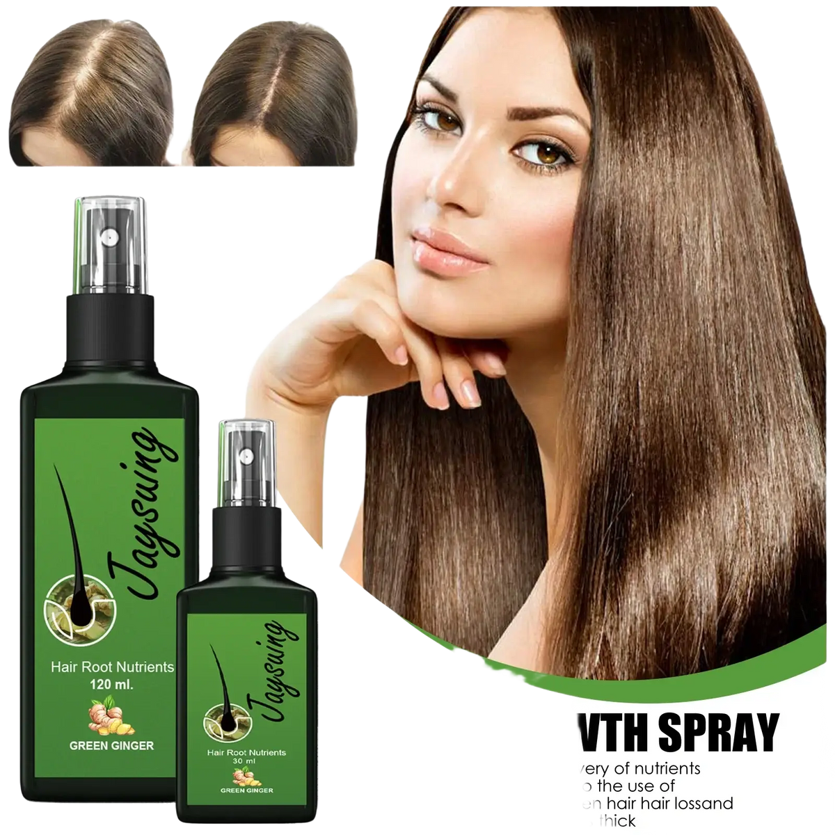 Green ginger hair care growth spray nourishing scalp treatment in sleek black bottles with transparent nozzles