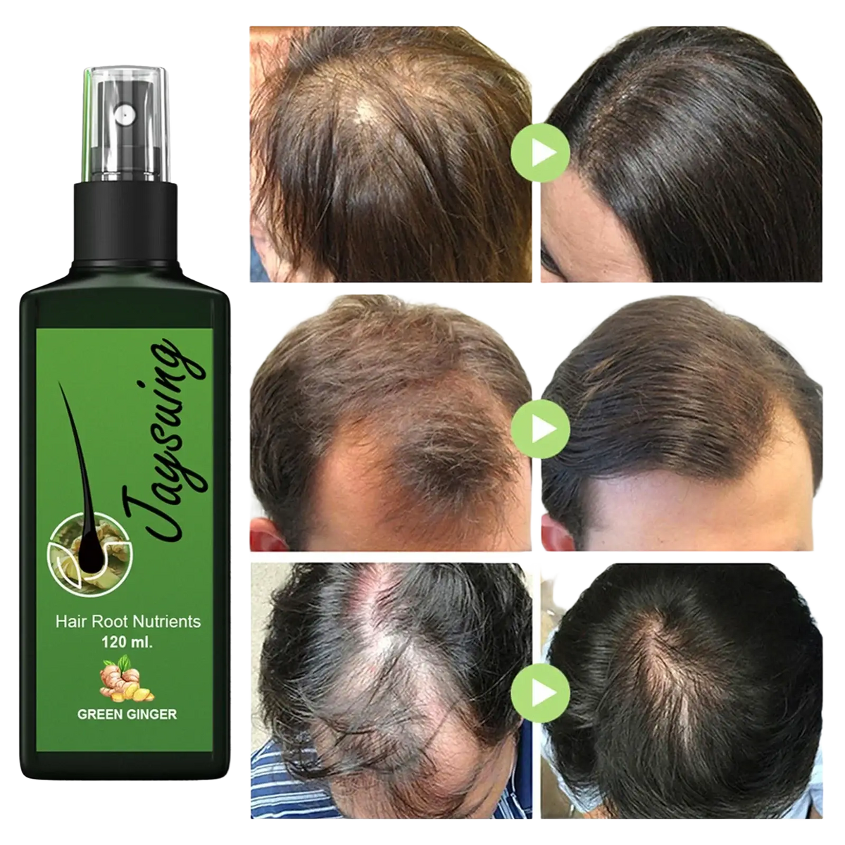 Green glass bottle of jaysuing hair care ginger growth spray with black nozzle for nourishing scalp treatment 120 ml