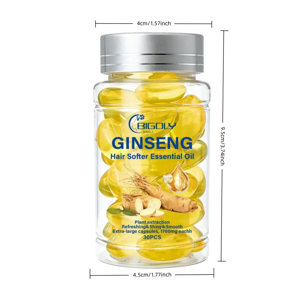 Transparent bigoly hair care bottle with silver metal cap containing 30 golden oval ginseng essential oil capsules