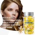 Clear glass bottle with silver cap containing yellow capsule-shaped ginseng hair care essential oil capsules