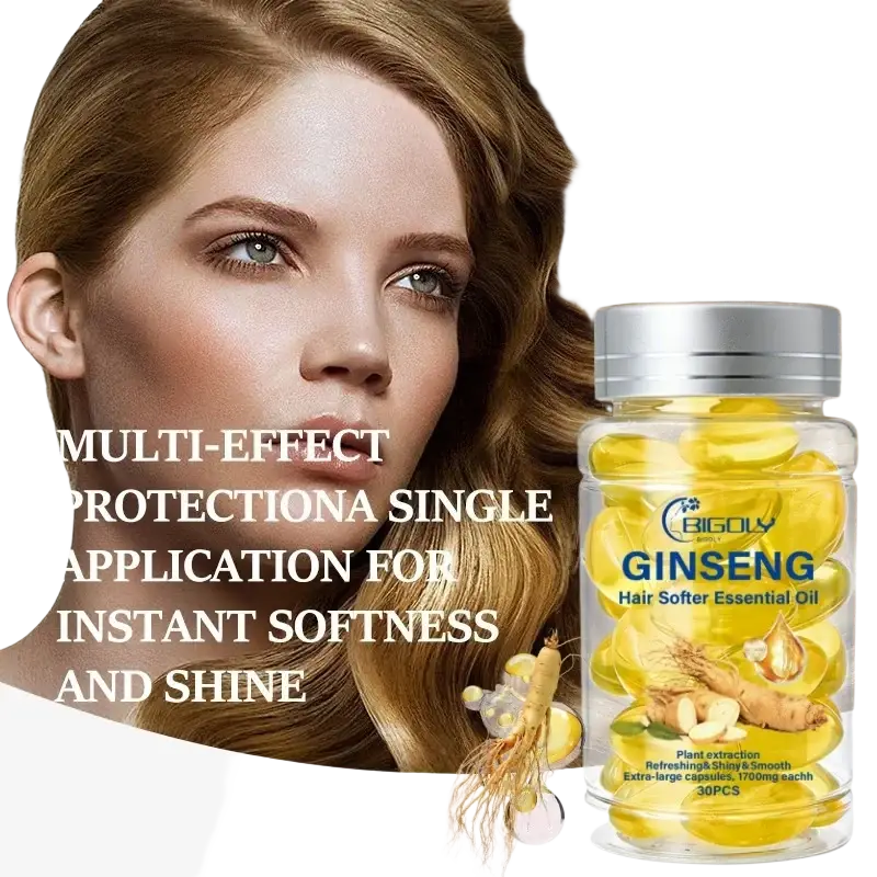 Clear glass bottle with silver cap containing yellow capsule-shaped ginseng hair care essential oil capsules