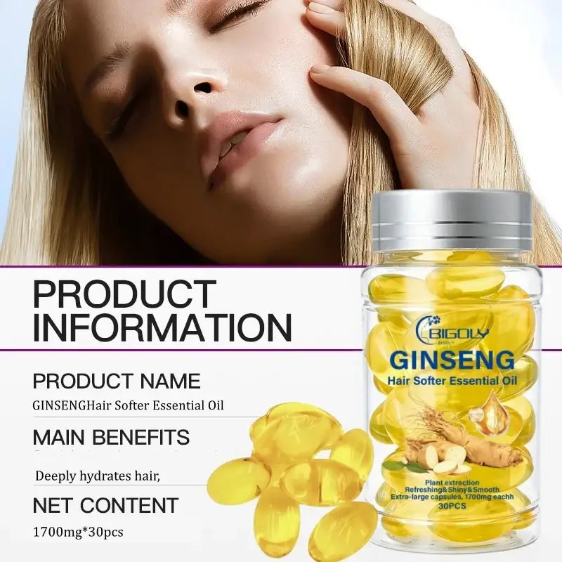 Clear glass bottle with silver cap containing golden-yellow bigoly ginseng hair care essential oil capsules