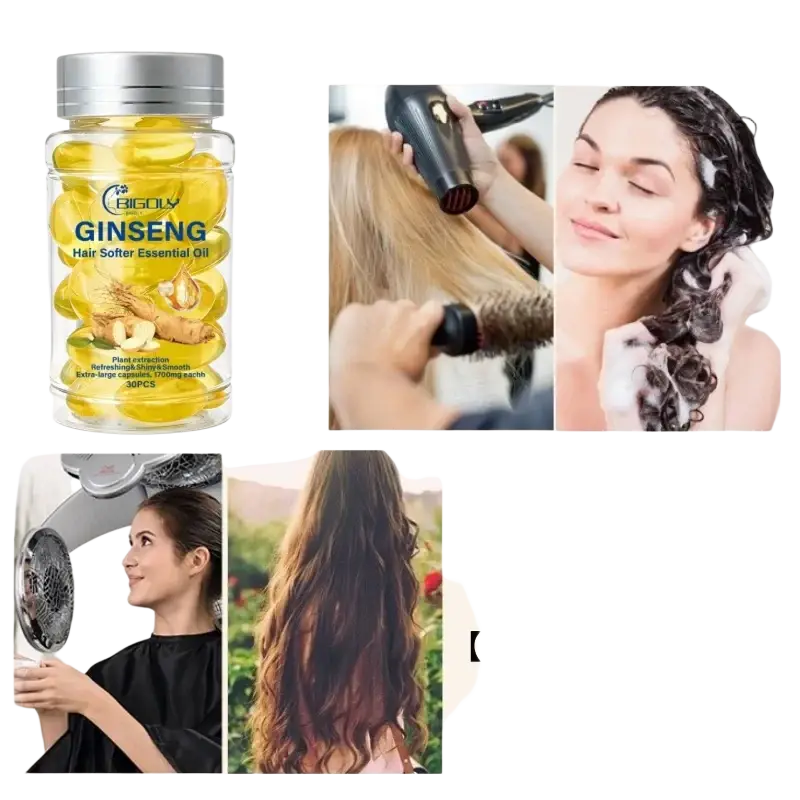 Clear plastic bottle with silver cap containing yellow ginseng hair care essential oil capsules by bigoly 36 pieces