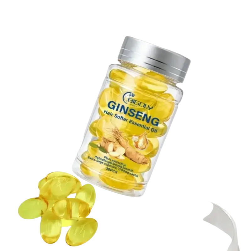 Clear plastic bottle with silver cap containing 30 yellow ginseng hair care essential oil capsules by Bigoly