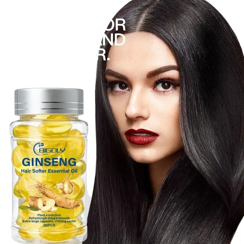 Transparent bottle of bigoly hair care ginseng essential oil capsules containing golden capsules for hair care