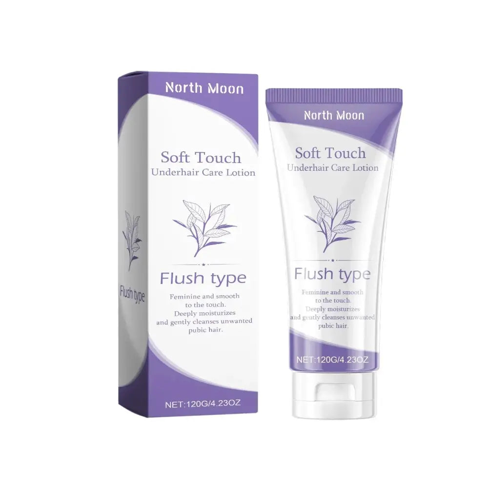 North moon soft touch nourishing underhair care milk in a translucent tube with purple accents for feminine smoothness