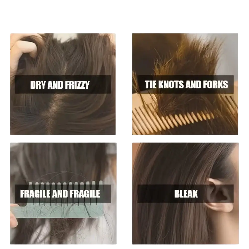 Dark brown frizzy brittle hair strands with split ends showing damage before using hair care nourishing repair serum 100ml