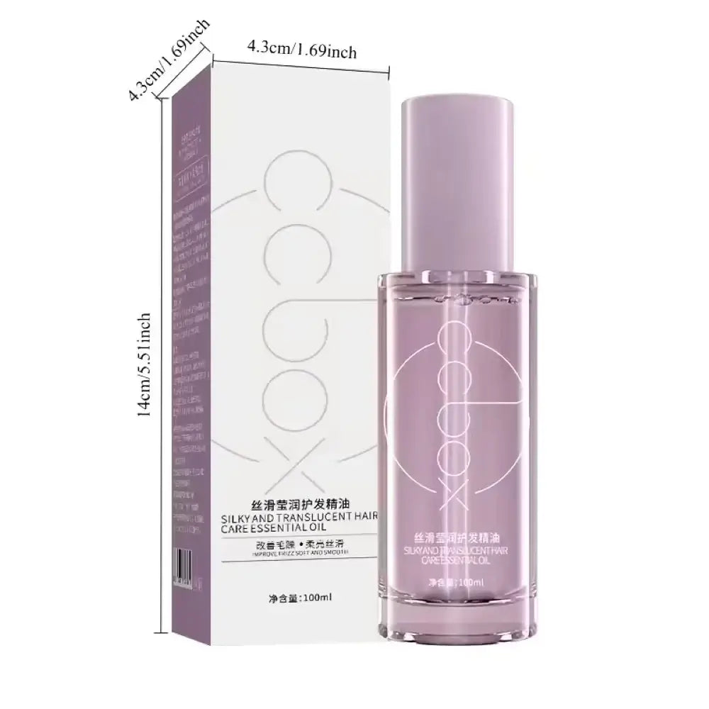 A sleek transparent glass bottle of coco hair care nourishing repair serum with lavender cap and translucent oil inside