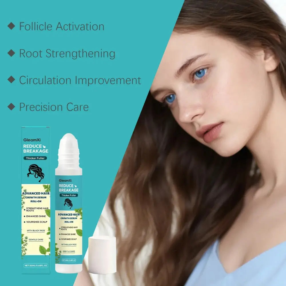 Gleamxi black rice advanced hair growth serum roll-on in a white and teal bottle with a black ridge applicator