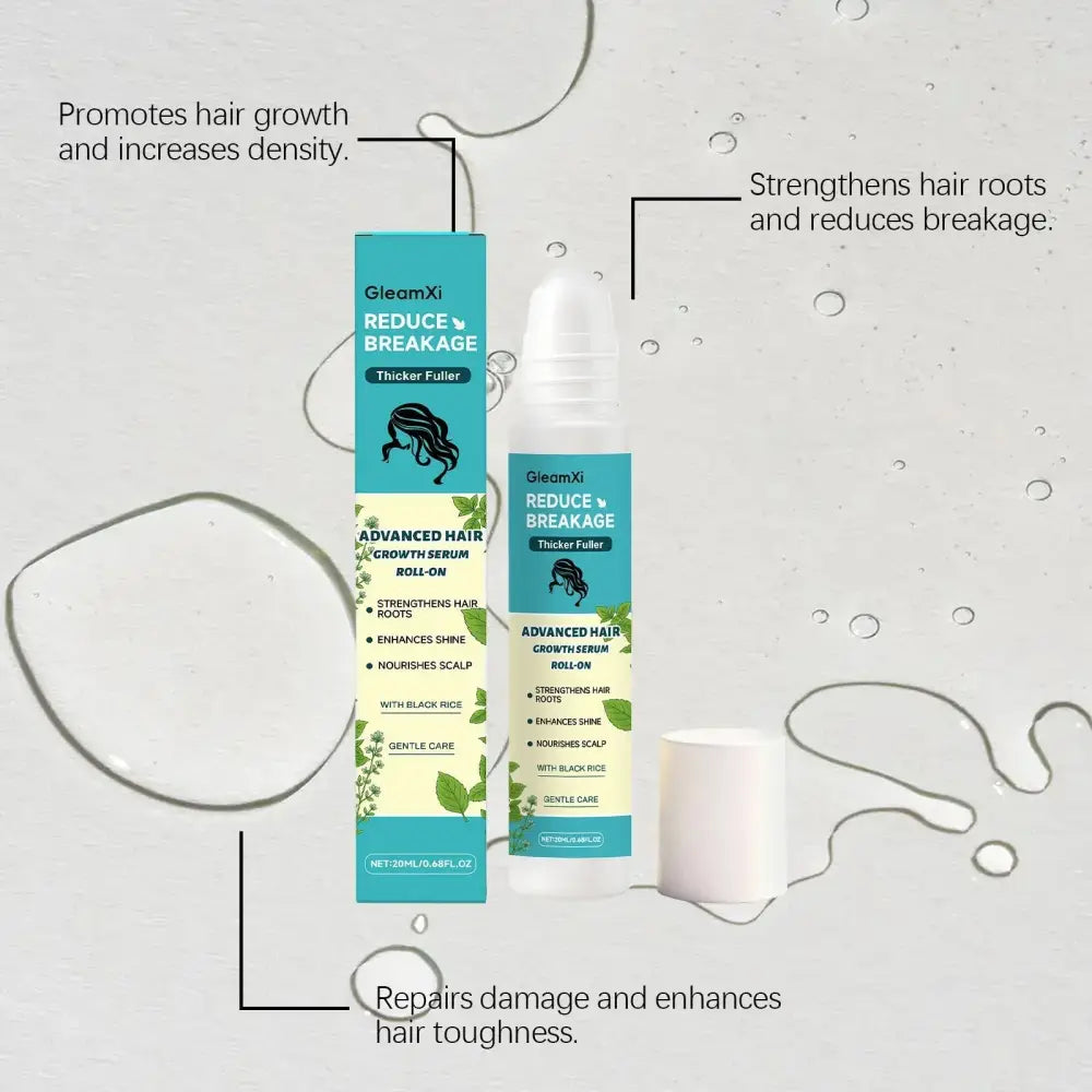 Gleamxi black rice advanced hair growth serum roll-on in a white bottle with teal and green labeling for hair strengthening