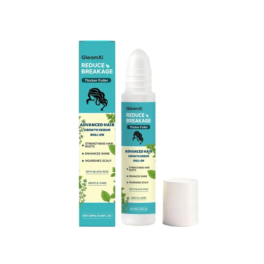 Gleamxi black rice advanced hair growth serum roll-on in white bottle with teal cream labeling for thicker fuller hair