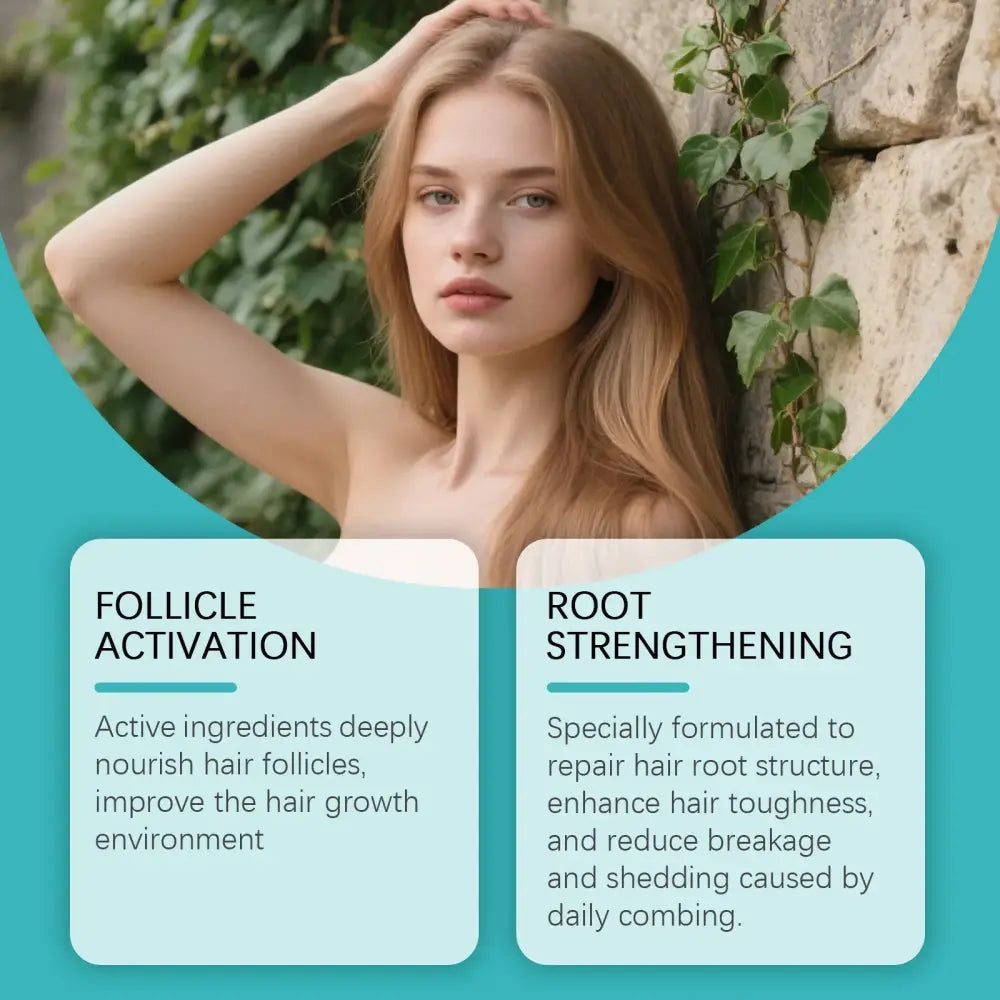 A woman with long light brown hair stands by greenery promoting gleamxi black rice advanced hair growth serum roller