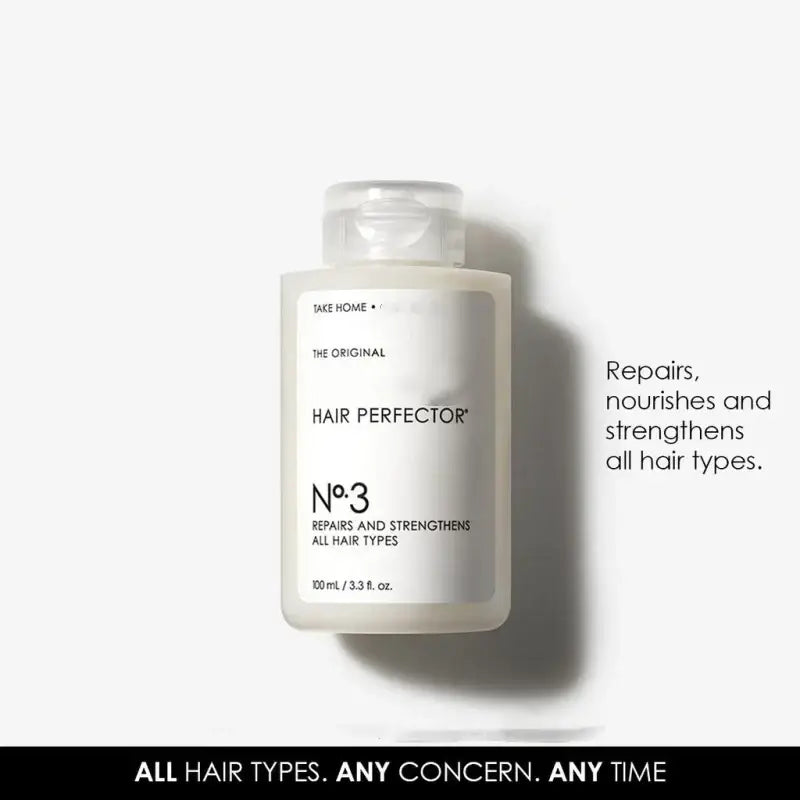 A sleek translucent white bottle of original hair perfector no3 in the hair care series frizz repair split ends shampoo and conditioner