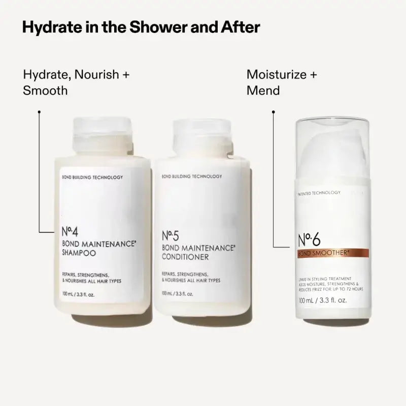 White plastic bottles of hair care series shampoo conditioner and smoother for control frizz repair and split ends