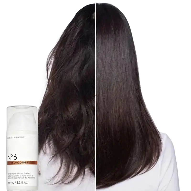White cylindrical no.6 bond smoother hair treatment bottle with clear cap and brown label for frizz repair split ends