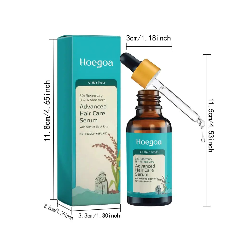 Teal and white cardboard box with hoegoa advanced hair strengthening and thickening serum dropper bottle inside