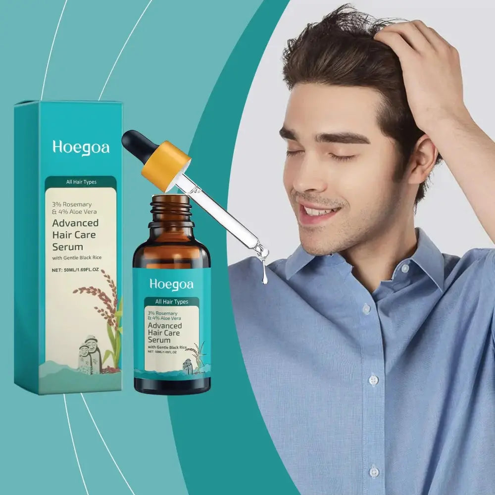 Hoegoa advanced hair strengthening and thickening serum in a dark amber glass bottle with yellow dropper and teal cream box