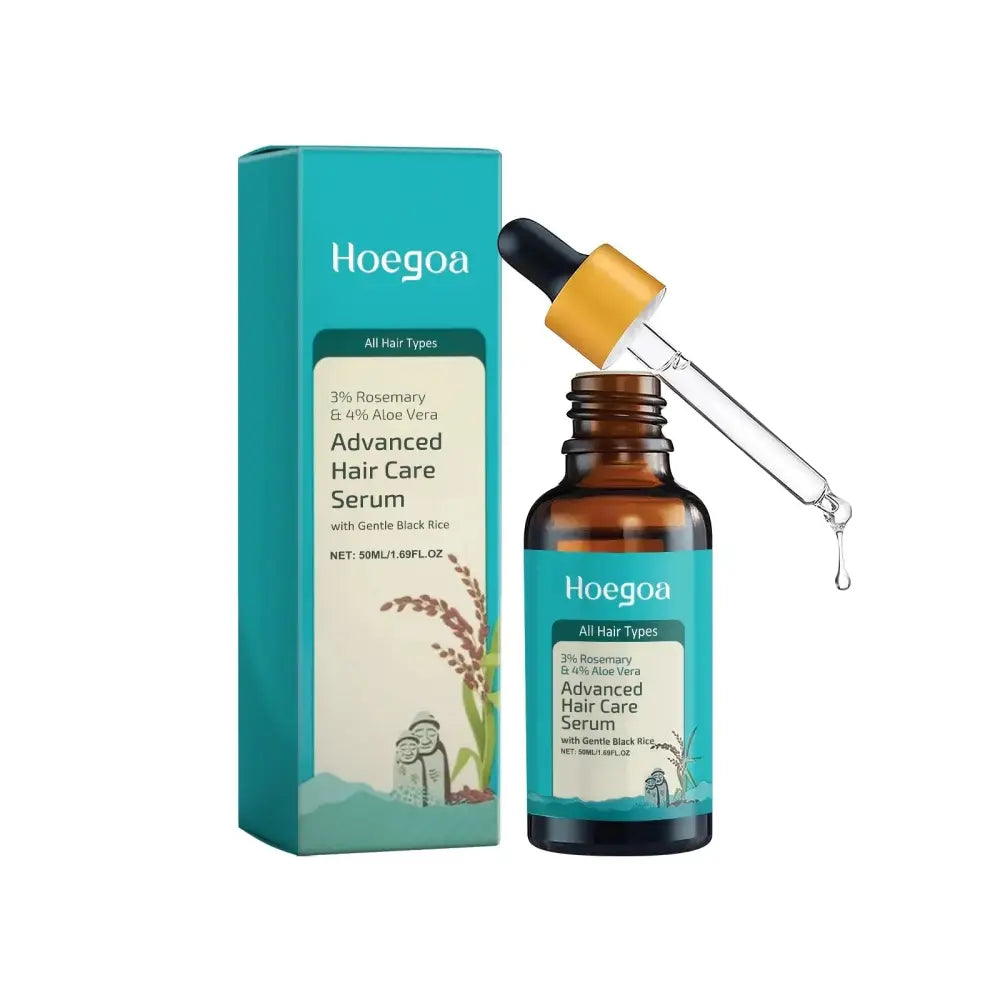 Teal-colored box and amber glass bottle with yellow dropper of hoegoa advanced hair strengthening and thickening serum