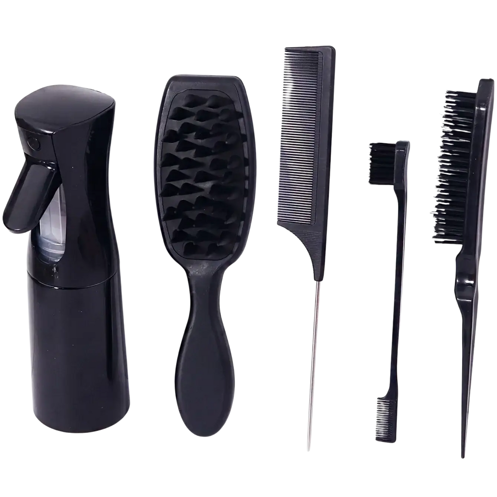 Black plastic hair care set with spray bottle wide-tooth comb detangling brush fine tooth comb and small angled brush