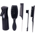 Black plastic hair care set with spray bottle wide-tooth comb detangling brush fine tooth comb and small angled brush