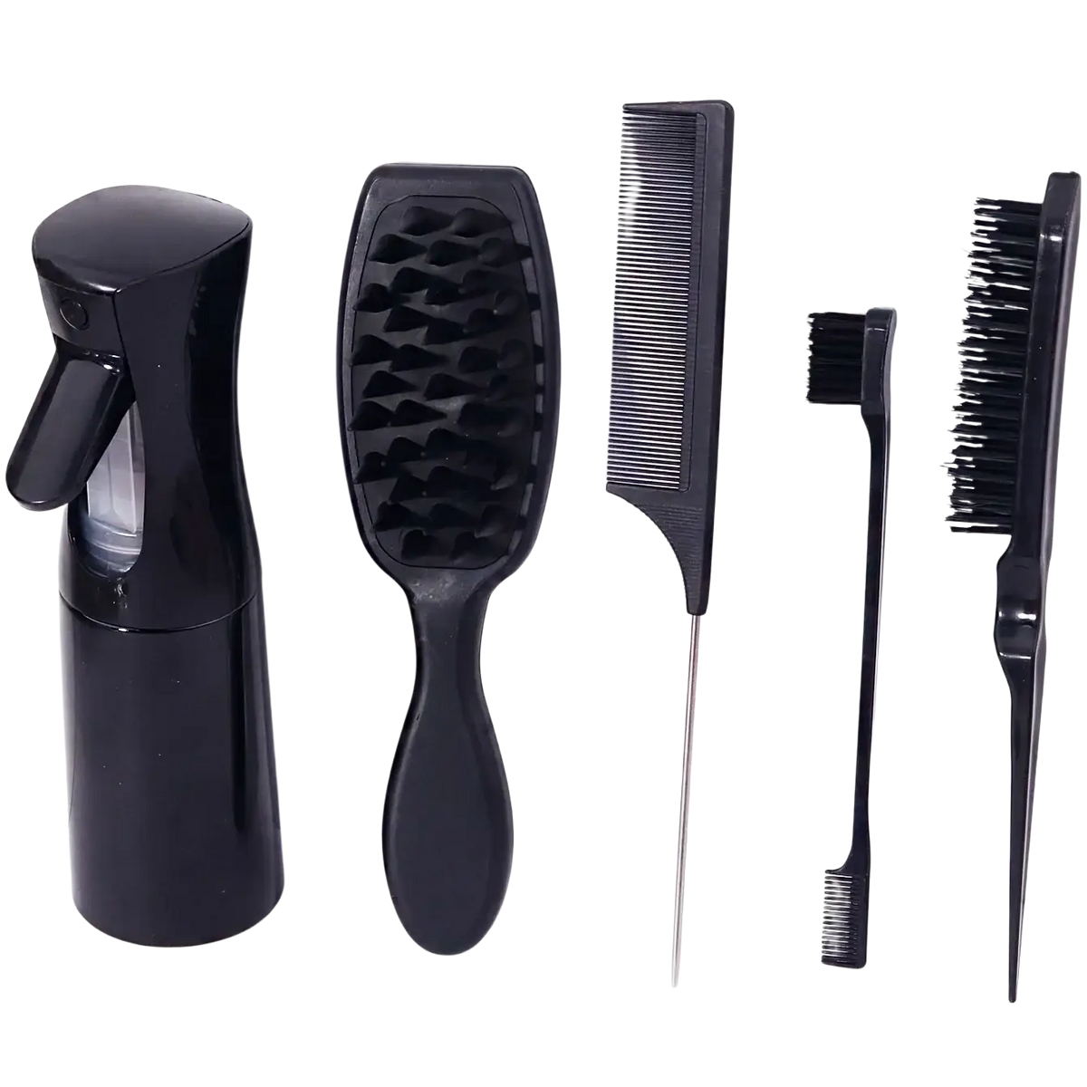 Black plastic hair care set with spray bottle wide-tooth comb detangling brush fine tooth comb and small angled brush