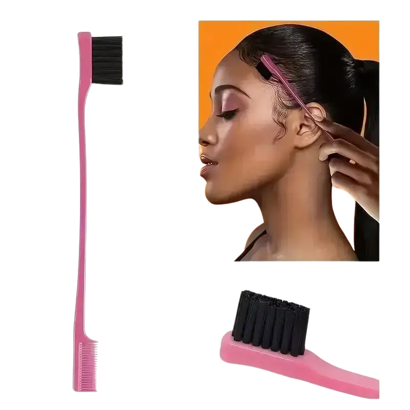 Pink plastic hair brush with black bristles and comb edge included in hair care set 5-piece styling kit
