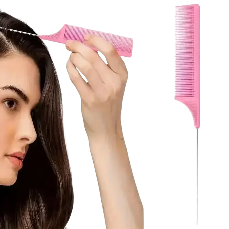 Pink plastic comb with metal pin base from hair care set 5-piece pink styling kit for precise hair care styling