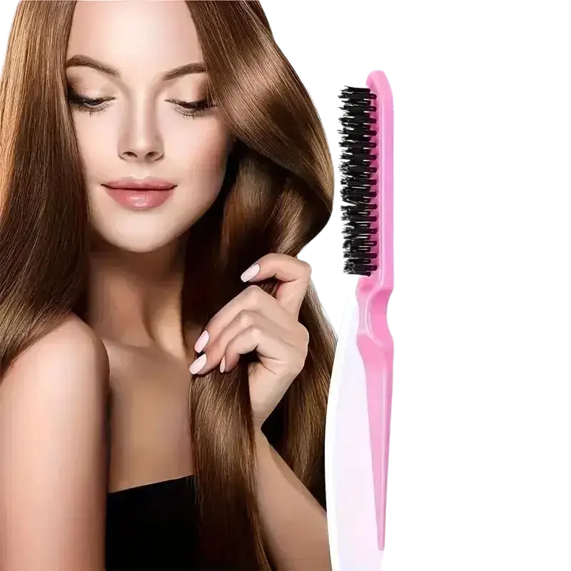 Pink plastic hairbrush with three rows of black bristles in a hair care set 5-piece pink styling kit