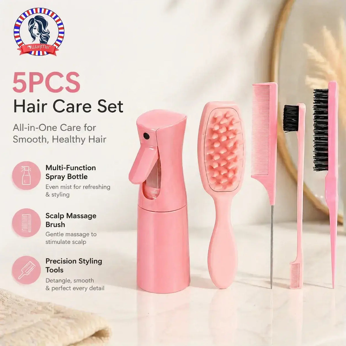 Pink plastic multi-function spray bottle with trigger nozzle and transparent mist chamber in hair care set