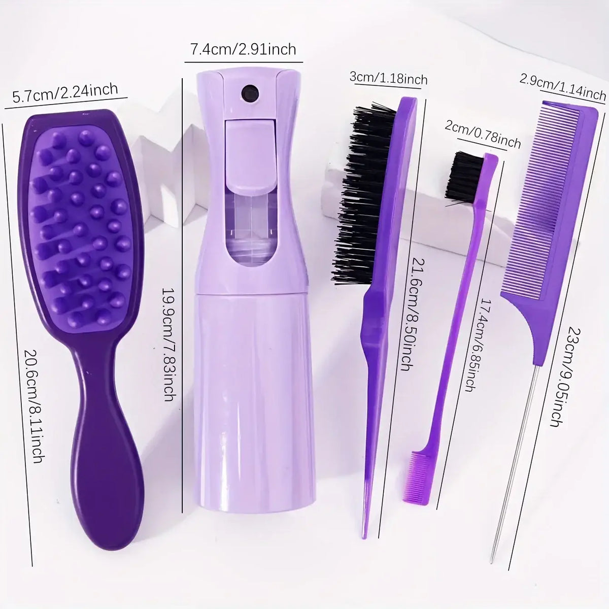Purple plastic hair care set with spray bottle textured brush and combs for styling in 5-piece pink kit
