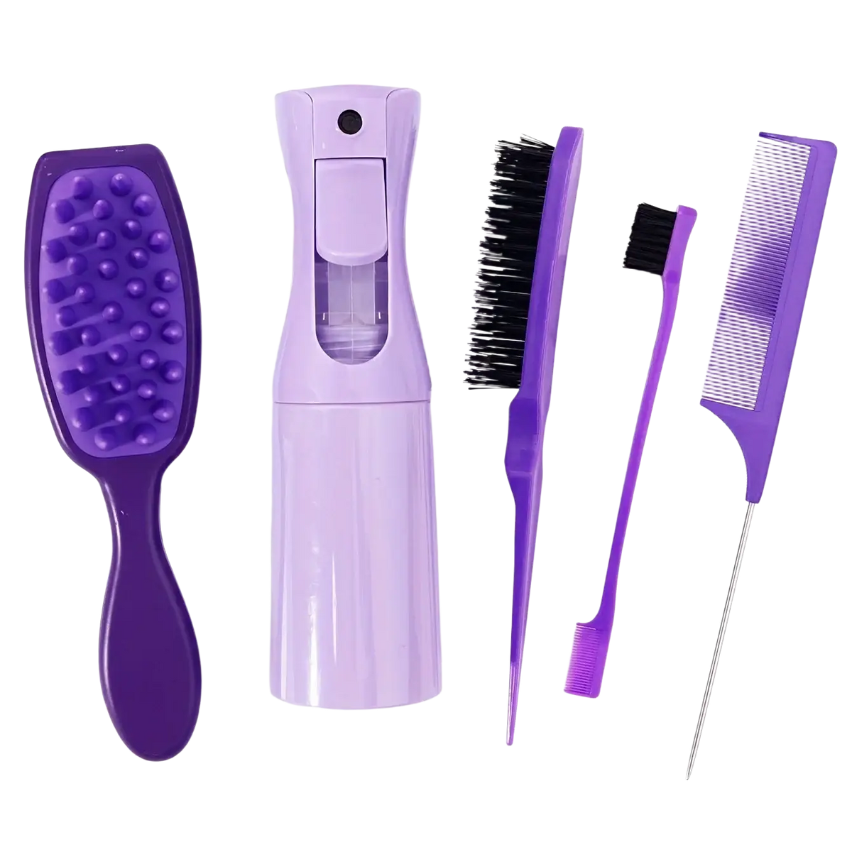 Purple plastic hair care set with spray bottle textured brush wide-tooth comb and black bristle brushes for styling