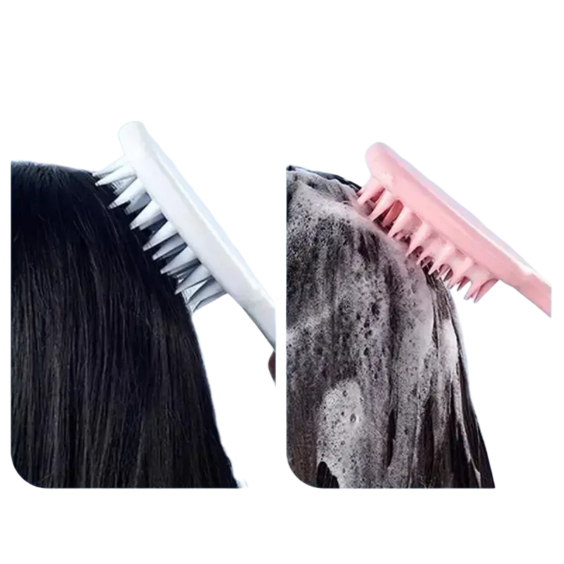 Pink and white silicone scalp massager with rounded bristles for dry or wet use in hair care set styling kit
