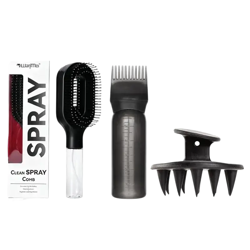 Black plastic spray comb with clear handle and measurement markings for hair care and dry hair detangling use