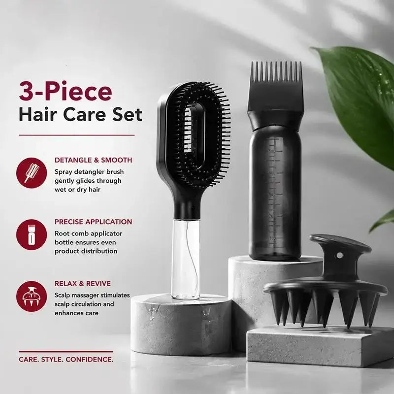 Black plastic spray detangler brush with clear handle and dense bristles for gentle hair smoothing in dry hair care
