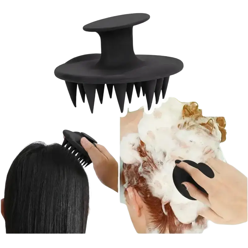 Black silicone scalp massager and shampoo brush with pointed bristles for dry hair in a hair care set spray detangler