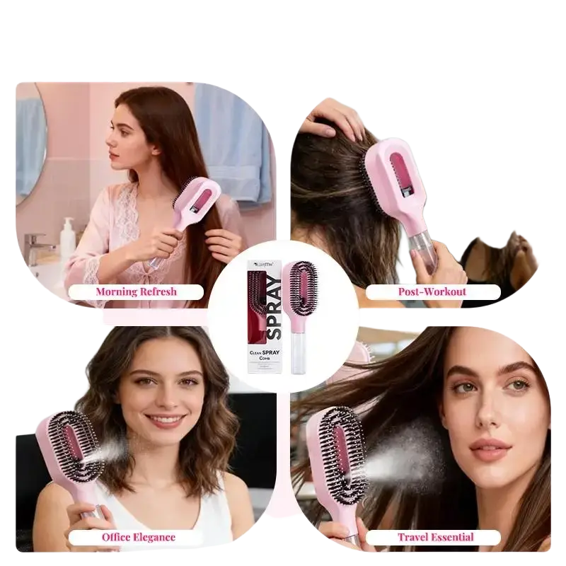 Pink electric hairbrush with integrated spray nozzle and black bristles for hair care and dry hair detangling and scalp massage