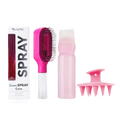Pink plastic hair care set with black bristle brush, clear handle spray bottle, and scalp massager for dry hair care