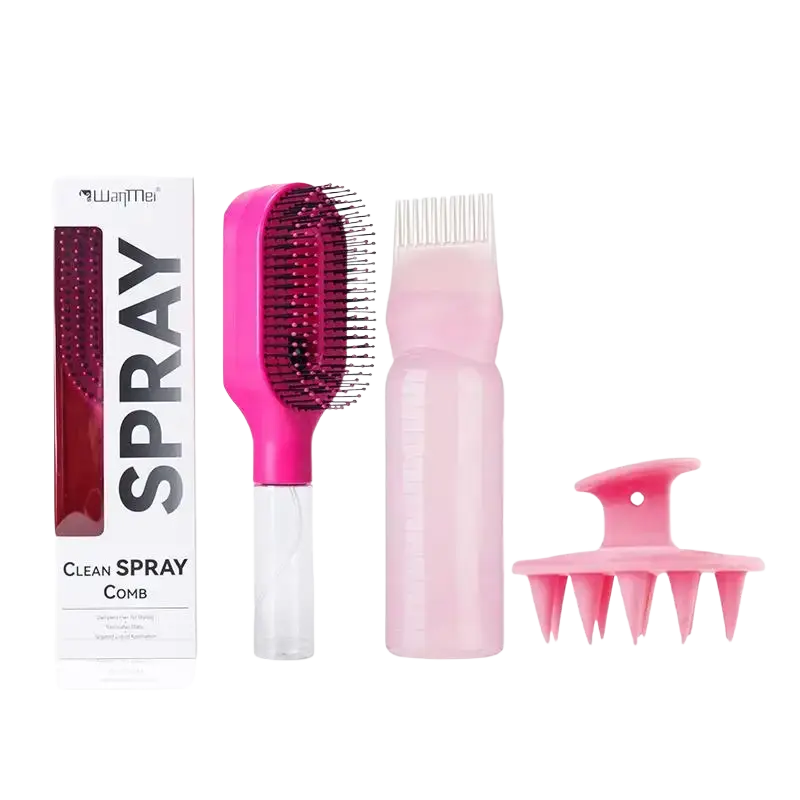 Pink plastic hair care set with black bristle brush, clear handle spray bottle, and scalp massager for dry hair care
